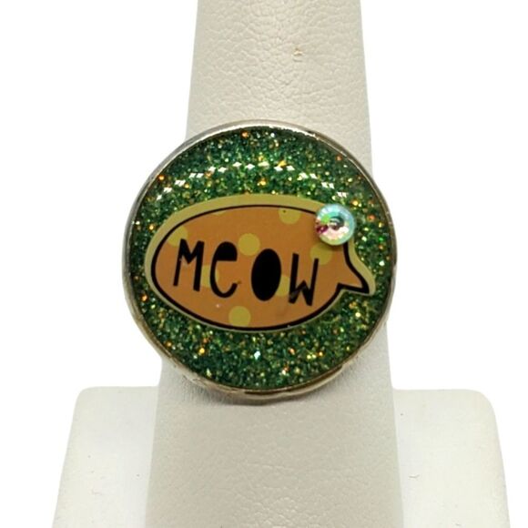 Adjustable Green, Orange, & Yellow Sparkly Meow Ring - Picture 1 of 5